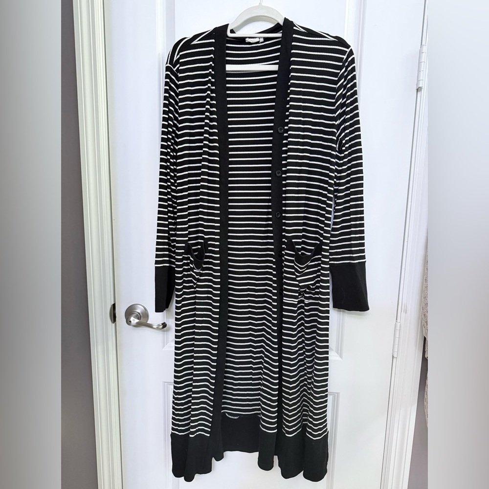 Classic Black and White Striped Full Length Cardigan- women’s 2X